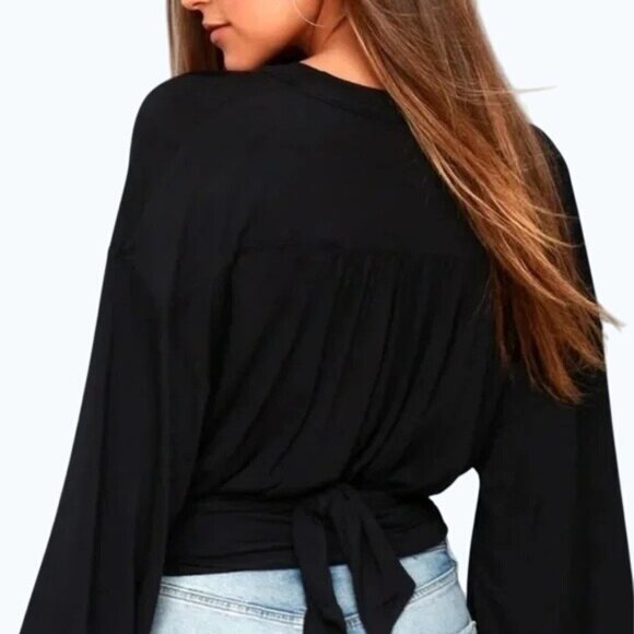 Free People Black Wrap Top With Tie Waist & Bell Sleeves Womens Size XS - Picture 2 of 12